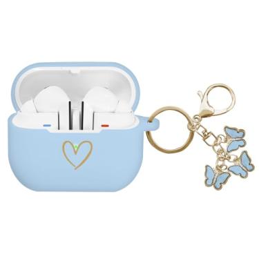 Imagem de AIIEKZ Compatível com Samsung Galaxy Buds 3 Pro e Galaxy Buds 3 (2024), capa de silicone macio com padrão de coração dourado com chaveiro de borboleta fofo para meninas e mulheres (azul celeste)