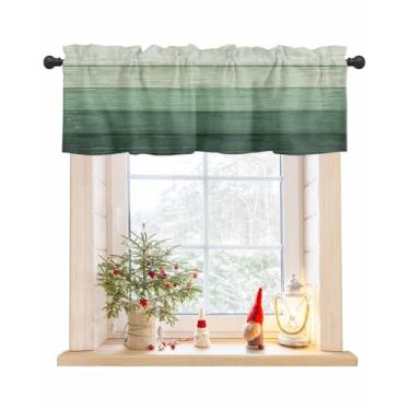 Imagem de Cortina listrada verde ombré para decoração de janela de cozinha, listras de madeira minimalista gradiente verde 137 cm x 45 cm tratamento de janela verde ombré grão de madeira cortinas de bolso para