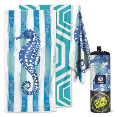 Imagem de VENTURE 4TH Toalha de praia de microfibra: secagem rápida, compacta, livre de areia, absorvente, à prova de areia e leve - perfeita para acampamento, praia e viagens de estrada (design de cavalo marinho listrado | 89 x 198 cm)