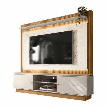 Imagem de Painel Home Ripado C/ Led Sala Estar TV Até 75 Polegadas 2 Prateleiras 2 Portas MDF 2 Nichos Guararapes