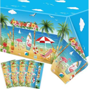 Imagem de Pacote com 4 toalhas de mesa de festa temática de praia Aloha Luau havaiana para festa de aniversário flamingo prancha de surfe, decorações de festa na piscina descartáveis, para chás de bebê, festa
