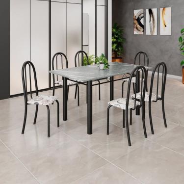 Imagem de Conjunto de Mesa Tubular 140cm X75 Cm Tampo em Granito Topázio com 6 Cadeiras Iris Arabesco / Preto