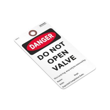 Imagem de SmartSign Pacote com 25 etiquetas de válvula Danger Do Not Open com patch de fibra reforçada, 7,6 cm x 14,6 cm, cartolina de 13 pontos, compatível com OSHA, dupla face, seções de escrita para
