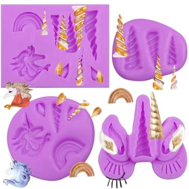 Imagem de Conjunto de moldes de silicone de unicórnio, 4 peças de moldes de fondant roxo com chifre design de arco-íris moldes de topo de bolo de unicórnio para decoração de bolos, doces, chocolate, projetos de