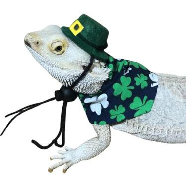 Imagem de 2 peças de chapéus de lagarto e bandanas do dia de São Patrício, 2 tipos de bandana para o dia de São Patrício, acessórios de trevo, fantasia de trevo para coelho, porquinho-da-índia, furão, planador