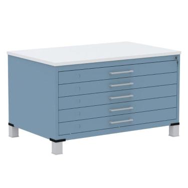 Imagem de Mapoteca 5 Gavetas Pandin 120cm (larg) Inmetro Tampo Mdp Branco Estrutura E Gaveta Em Aço Azul Dali