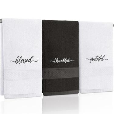 Imagem de Peryiter 3 peças de toalhas de mão para decoração de banheiro para mulheres 35 x 73 cm toalhas de banho de algodão bordadas para decoração de banheiro boho cozinha presente cristão inspirador (preto e