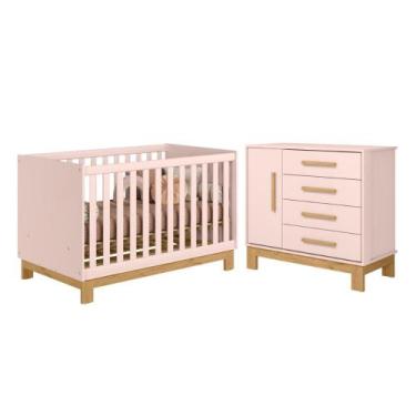 Imagem de Berço e Cômoda com 4 Gavetas Nauru Rosa Acetinado - CasaH