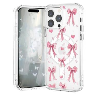 Imagem de VibrantFruitique Capa magnética transparente para iPhone 16 Pro, capa protetora com laço de fita rosa, compatível com MagSafe, capa à prova de choque de TPU macio com anel magnético integrado para