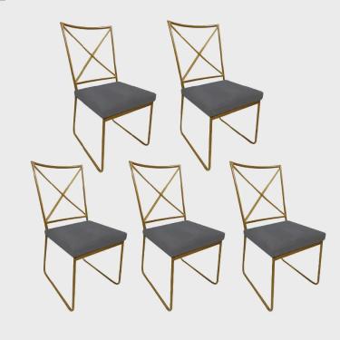 Imagem de Kit 05 Cadeiras Sala de Jantar Escritório Office Clark Industrial Ferro Dourado Corino Bege - Ahz Móveis