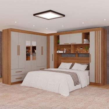 Imagem de Guarda-Roupa Casal Modulado Andorra 10 Portas 4 Gavetas Ripado com Espelho Cinamomo/Off White - Pnr Móveis