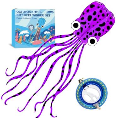 Imagem de Kaiciuss Kit De Pipa E Carretilha Octopus, Fácil Empinar Para Viagens À Praia, Ótimo Enrolador Crianças Adultos, Estilo Sem Moldura Linha Única Com Rodas 7,2 Polegadas (Manchas Roxas)