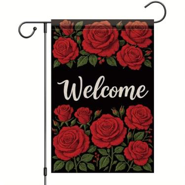 Imagem de Starlit Patio Bandeira de jardim de boas-vindas primavera verão bandeira floral rosa vermelha 30,5 x 45,7 cm decoração externa dupla face para outono varanda gramado pátio rústica fazenda decoração de