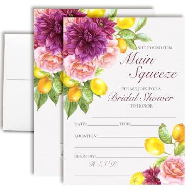Imagem de Convites para chá de panela Main Squeeze Lemon & Floral - 20 roxos florais 5x7 cartões de preenchimento com envelopes - Convites de chá de casamento cítricos em aquarela vibrante por AmandaCreation