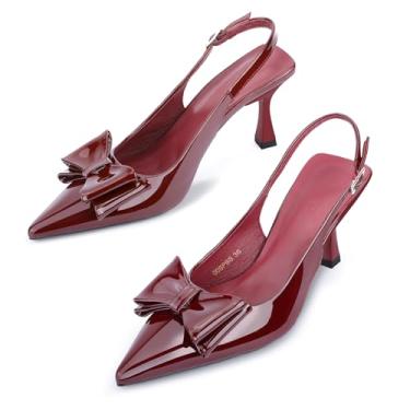 Imagem de Zelaprox Sandália feminina fechada de bico fino com salto gatinho com fivela ajustável, laço e nó para encontros, festas, casamentos, convidadas, formaturas, Vinho, 35