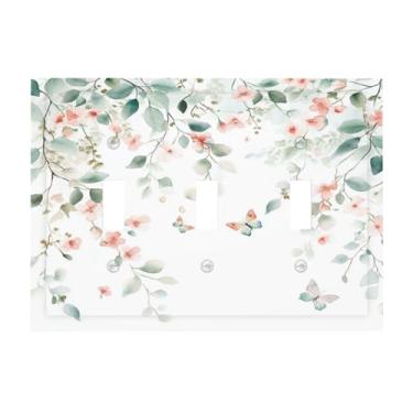 Imagem de Xuejiaku Placa de cobertura para interruptor de luz, folha verde, flores rosa, borboleta, placa de parede de 3 grupos, placa de interruptor de luz tripla, capas decorativas de tomada, placa elétrica