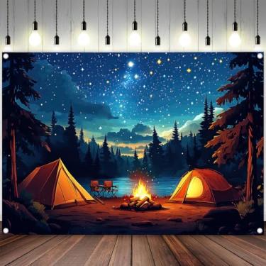 Imagem de Cenário de acampamento 2,1 x 1,5 m floresta cena noturna aventura acampamento tenda acampamento foto fundo crianças Adutls aniversário acampamento festa decoração banner foto adereços