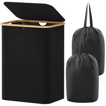 Imagem de Cesto de roupa suja Lifewit 150L com tampa, alças de bambu pretas