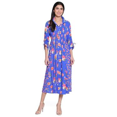 Imagem de john mark Vestido feminino com gola de arame e botões frontais e mangas justas, Floral azul, GG