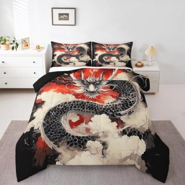 Imagem de Erosebridal Conjunto de edredom King com dragão oriental para crianças, meninas, adolescentes, vintage, tema asiático, fantasia mágica, animal selvagem, macio, estampado em 3D, colcha de quvet de vida