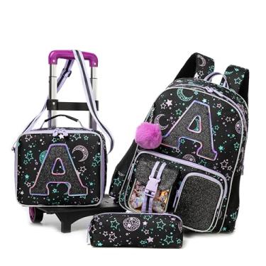 Imagem de MYHSBYO Mochila com rodinhas sereia para crianças, mochila com rodas para escola primária infantil conjunto de 4 peças, Preto