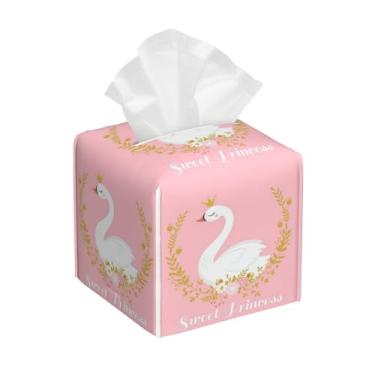 Imagem de Cisnes fofos porta-lenços de tecido, capa de caixa de lenços de couro quadrada romântica doce princesa, à prova d'água, organizador de guardanapo moderno para carro, banheiro, mesa de cabeceira