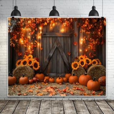 Imagem de Cenário de outono para fotografia 3 x 2,4 m outono rústico porta de celeiro pano de fundo fotográfico girassol palheiro abóbora para decoração de festa de Ação de Graças