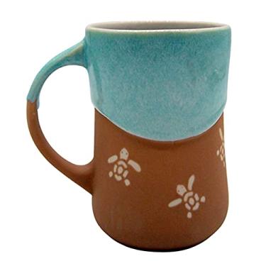 Imagem de Wowser Caneca de tartaruga marrom mergulhada em esmalte azul ondulado, caneca de grés, 473 g