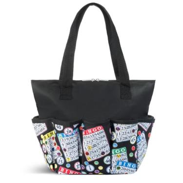 Imagem de Bolsa clássica com estampa preta de bingo com 10 bolsos para daubers e acessórios – bolsa preta portátil com zíper para amantes e jogadores – adultos e idosos (preto)