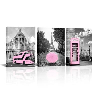 Imagem de VANSEEING 3 peças de arte de parede em tela rosa Paris Torre Eiffel Londres bicicleta Big Ben Tower imagens modernas preto e branco decoração de parede arte para quarto sala de estar 30,5 x 40,6 cm