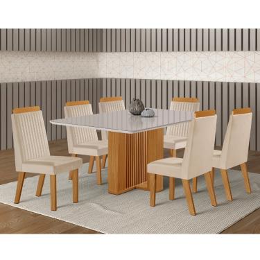 Imagem de Conjunto Sala de Jantar Mesa Lisboa com Tampo de Vidro 180cm e 6 Cadeiras em MDF Riviera LJ Móveis - Castanho Cinamomo/ Creme/Off White