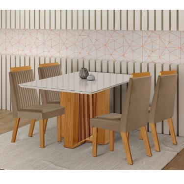 Imagem de Conjunto Sala de Jantar Mesa Lisboa com Tampo de Vidro 120cm e 4 Cadeiras em MDF Riviera LJ Móveis - Castanho Cinamomo/ Capuccino/Off White
