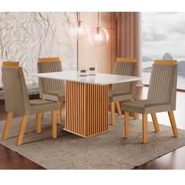 Imagem de Conjunto Sala de Jantar Mesa Riviera com Tampo de Vidro 120cm e 4 Cadeiras em MDF Riviera LJ Móveis - Castanho Cinamomo/ Capuccino/Off White