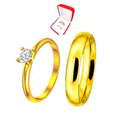 Imagem de Aliança Tradicional 4mm Banhada Ouro 18k + Solitario Dourado 2mm Anato