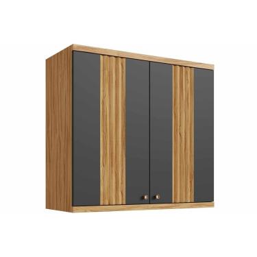 Imagem de Armário Aéreo Cozinha Modulado Sauvignon c/ 2 Portas Canelada 80cm Amendoa/Chumbo - Ronipa