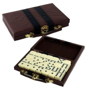 Imagem de Jogo Dominó 28 Peças Osso 10 mm Profissional Clássico com Maleta Marrom Luxo Estojo Jogos Passatempo Crianças Adultos Idosos