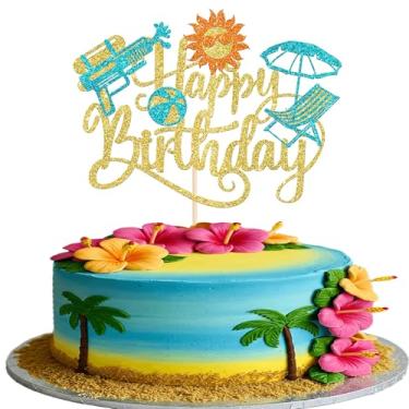 Imagem de 1 pacote de topper de bolo de verão praia feliz aniversário pistola de água tropical havaiana palheta de bolo guarda-chuva de piscina feriado decoração de cupcake para chá de bebê de verão suprimentos