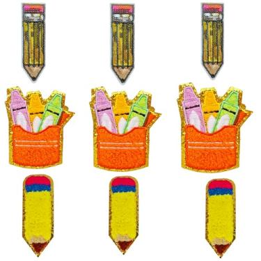 Imagem de Materiais escolares adesivos de passar a ferro, lápis de cera, aplique bordado de lantejoulas, aplique de passar, acabamento dourado com glitter para roupas infantis faça você mesmo, jeans, camiseta