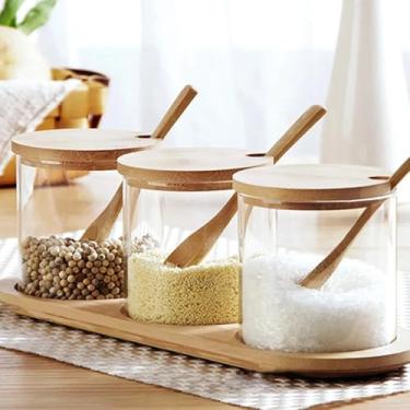 Imagem de Conjunto De Potes De Vidro 320ml Com Tampa E Colher De Bambu Para Condimentos Com Suporte Em Bambu 3 Peças Kit 3 Organizador De Temperos Porta Mantimentos Para Armazenar Café Açúcar Temperos
