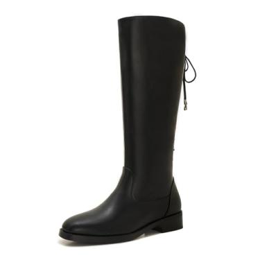 Imagem de Botas de cano longo até o joelho – Salto baixo ajustável com cadarço nas costas plus size estilo equitação, Preto, 8 Wide