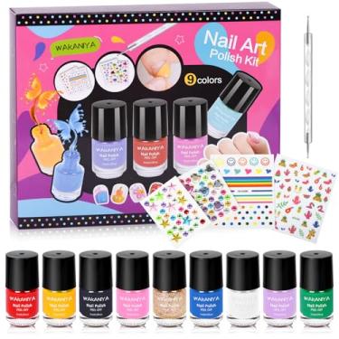 Imagem de wakaniya Esmalte infantil – Conjunto de mini esmaltes de secagem rápida para meninas com adesivos de pedras preciosas, 9 cores, não tóxico, à base de água, com baixo odor, conjunto de unhas para