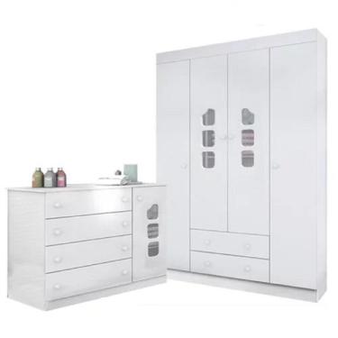 Imagem de Roupeiro 4 Portas e Cômoda Ana Lívia 100% MDF Branco para Jogo de Quar