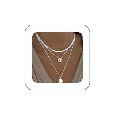 Imagem de Erimberate Colar gargantilha boêmio em camadas com pingente de moeda de disco de prata colar de corrente de cobra de estrela oca colar de corrente de espinha de peixe para mulheres