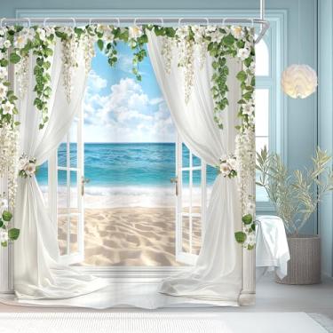 Imagem de Riyidecor Cortina de chuveiro Ocean Beach para decoração de banheiro 72Lx72H litoral azul mar verão paisagem tropical havaiana folhas florais natureza arte impressa tecido poliéster impermeável pacote
