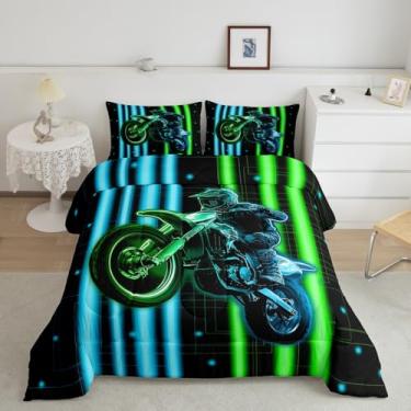 Imagem de Feelyou Conjunto de cama infantil Dirt Bike, tamanho Queen, motocross, corrida, motocross, ultramacio, edredom com estampa 3D, colorido, moderno, decoração de quarto