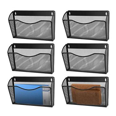 Imagem de Suporte de bolso para pasta de parede Flexzion (pacote com 6) suporte de bolso para cesta de mesa de metal para pendurar, caixa de papelão, caixa para pendurar e guardar documentos, organizador de documentos de tamanho A4, suporte de parede de compartimento único para escola de escritório - preto