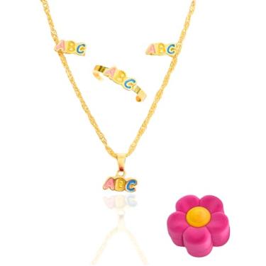 Imagem de Anel Formatura Abc Infantil Regulavél com Colar e Brinco Colorido Com Caixinha de Presente