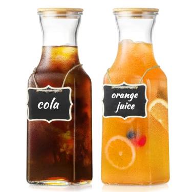 Imagem de Lacusmall Conjunto de 2 jarras quadradas de vidro, jarra para servir bebidas de 1 litro com tampa de bambu, garrafas de água, jarras de vidro transparente para Mimosa, leite, suco, limonada (2