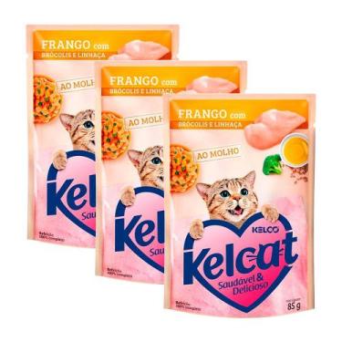 Imagem de Kit 3 Ração Úmida para Gatos Kelcat Sabor Frango com Brócolis e Linhaç