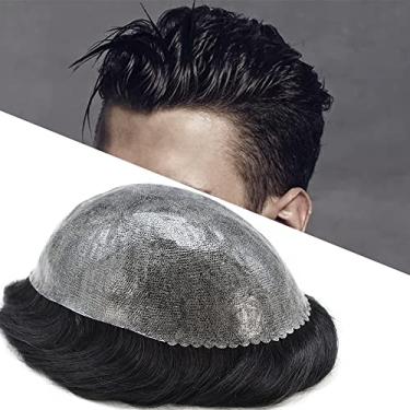 Imagem de Peruca masculina com sistema de substituição de cabelo humano indiano completo de poliéster sintético de 0,10 mm injeção de 0,10 mm para homens (#310 marrom escuro com 10% cinza)
